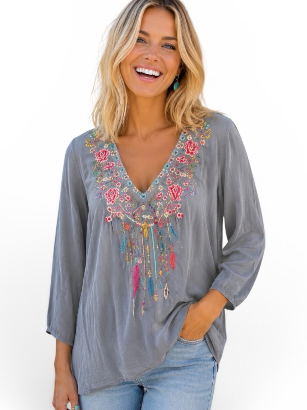 Johnny Was Butterfly Dreams embroidered blouse NWT